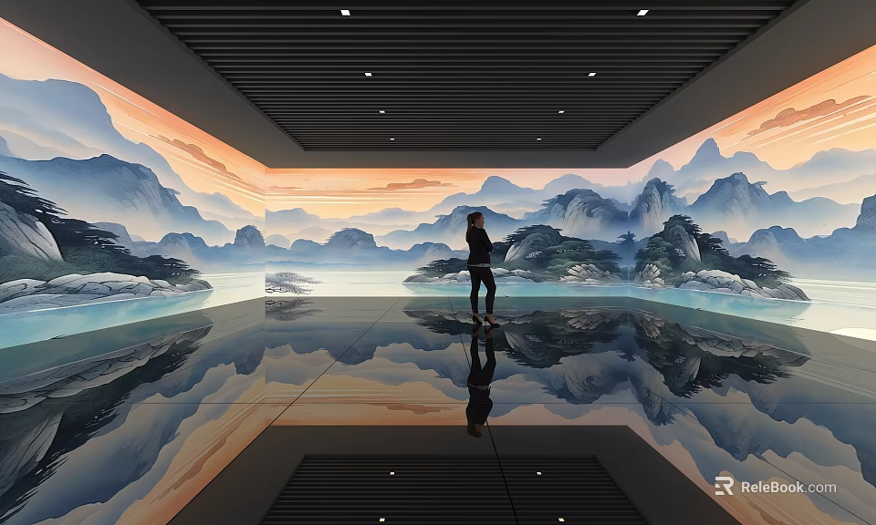 Person Standing In Modern Room With Mountain Landscape Mural Ceiling Lights And Floor Reflection 3d model 