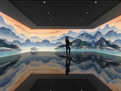 Person Standing In Modern Room With Mountain Landscape Mural Ceiling Lights And Floor Reflection 3d model