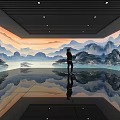 Person Standing In Modern Room With Mountain Landscape Mural Ceiling Lights And Floor Reflection 3d model