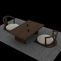 Minimalist Wooden Tea Table With Black Teacups And Upholstered Chairs On Gray Woven Rug