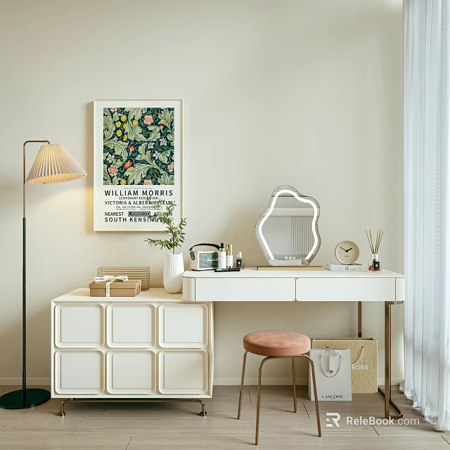 Stylish White Dressing Table with Drawers Oval Mirror Floor Lamp Decorative Poster and Pink Stool 3d model 