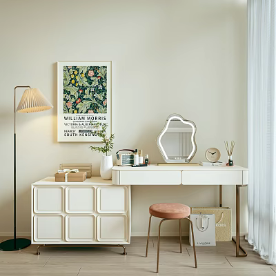 Stylish White Dressing Table with Drawers Oval Mirror Floor Lamp Decorative Poster and Pink Stool 3d model