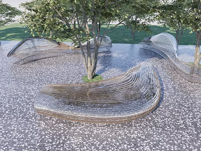 Modern Wave Shaped Outdoor Chairs With Trees On Pebble Paved Ground 3d model