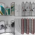 Decorative Screens Featuring Peacock Landscape And Birdcage Designs With Red Frames 3d model