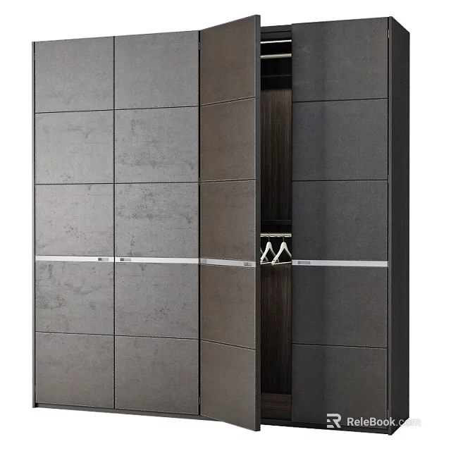 Modern Gray Paneled Wardrobe With Central Dark Wood Accent And Silver Handles 3d model 