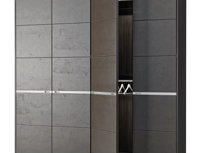 Modern Gray Paneled Wardrobe With Central Dark Wood Accent And Silver Handles 3d model