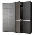 Modern Gray Paneled Wardrobe With Central Dark Wood Accent And Silver Handles