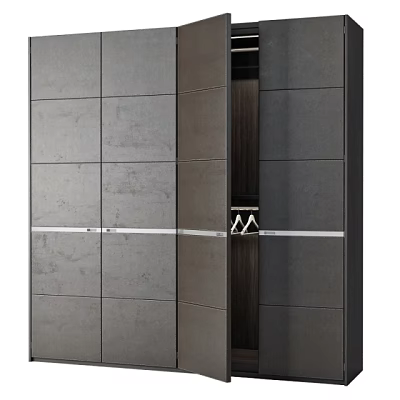 Modern Gray Paneled Wardrobe With Central Dark Wood Accent And Silver Handles 3d model