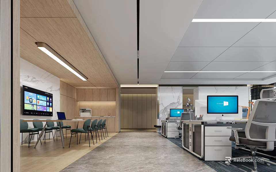 Modern Public Office Space Interior With Open Layout Desks And Computer Monitors 3d model 