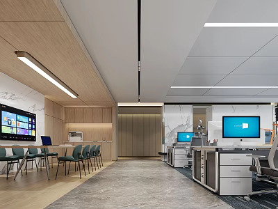Modern Public Office Space Interior With Open Layout Desks And Computer Monitors 3d model