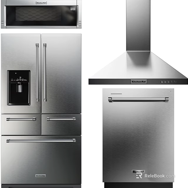 Stainless Steel Kitchen Appliances Including Refrigerator Range Hood And Dishwasher 3d model 