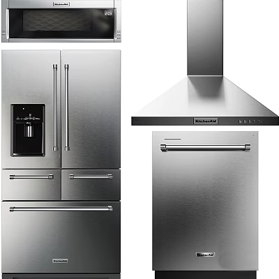 Stainless Steel Kitchen Appliances Including Refrigerator Range Hood And Dishwasher 3d model