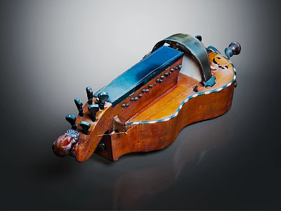 Vintage Violin with Blue Painted Surface and Craft Tools 3d model