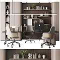 Modern Office Desk Setup With Ergonomic Chairs Wooden Bookshelves Books And Decorative Plants
