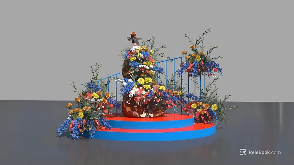 Colorful Photo Check In Spot With Blue Railings Red Platform Decorative Sculpture And Flowers 3d model 