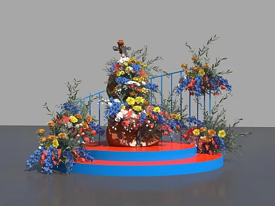 Colorful Photo Check In Spot With Blue Railings Red Platform Decorative Sculpture And Flowers 3d model