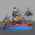 Colorful Photo Check In Spot With Blue Railings Red Platform Decorative Sculpture And Flowers