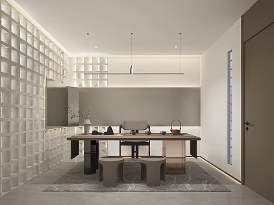 Minimalist Tea Room Interior With White Glass Block Wall Long Wooden Table And Pendant Lights 3d model