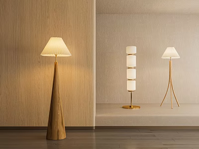 Modern Floor Lamps Featuring Wooden Cone Base Fabric Shade And Cylindrical Tripod Designs 3d model