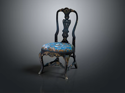Elegant Classic Dining Chair With Intricate Carved Backrest Blue Floral Upholstered Seat And Ornate Legs 3d model