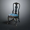 Elegant Classic Dining Chair With Intricate Carved Backrest Blue Floral Upholstered Seat And Ornate Legs