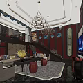 Modern Luxury KTV Interior With Sofa Chandelier Large TV Screen Decorative Wall And Carpet