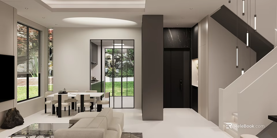 Modern Living Dining Room Interior With Beige Sofa Dining Table And Glass Door To Garden 3d model 