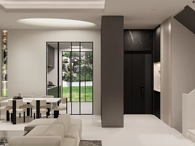 Modern Living Dining Room Interior With Beige Sofa Dining Table And Glass Door To Garden 3d model