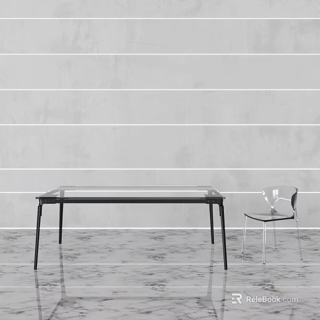Modern Dining Table Set With Glass Top Chair And Minimalist Black Legs Design 3d model 
