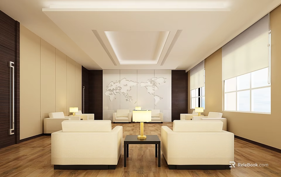 Modern Conference Room Interior With Comfortable Sofas Coffee Table And World Map 3d model 