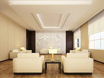 Modern Conference Room Interior With Comfortable Sofas Coffee Table And World Map 3d model