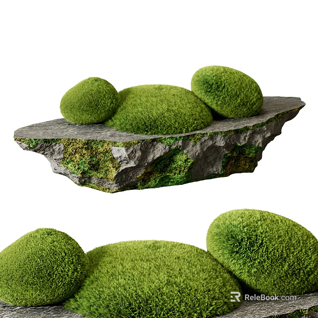 Bonsai Pot Plant with Round Moss Balls on Natural Stone Slab Decor 3d model 