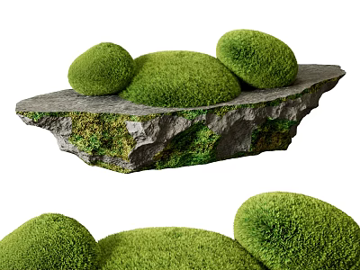 Bonsai Pot Plant with Round Moss Balls on Natural Stone Slab Decor 3d model