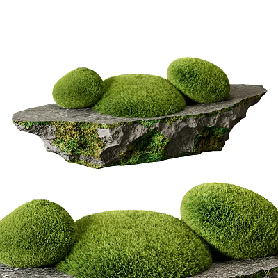 Bonsai Pot Plant with Round Moss Balls on Natural Stone Slab Decor 3d model