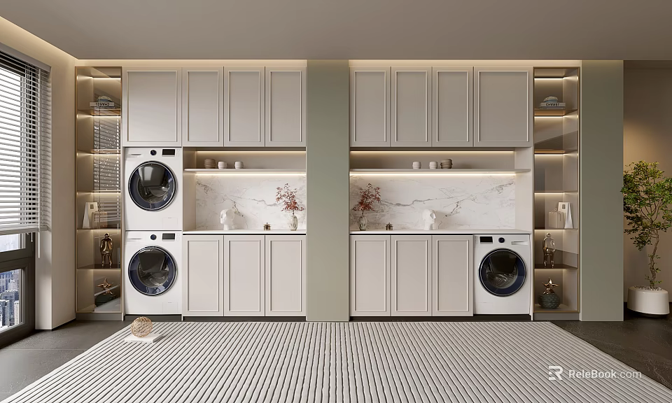 Modern Laundry Room Design With Washing Machines Cabinets Marble Countertop And Decorative Plants 3d model 