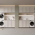 Modern Laundry Room Design With Washing Machines Cabinets Marble Countertop And Decorative Plants
