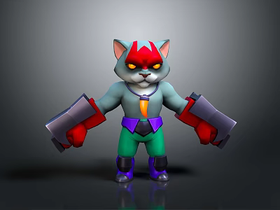 Cartoon Cat Character With Red Eyes Gray Body Green Pants And Purple Belt 3d model