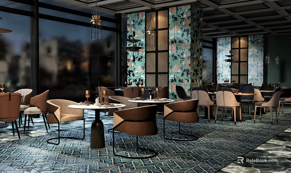 Modern Restaurant Interior With Round Tables Brown Chairs Large Windows And Patterned Walls 3d model 