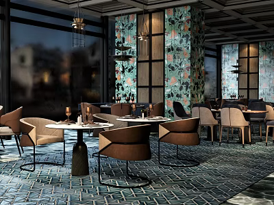 Modern Restaurant Interior With Round Tables Brown Chairs Large Windows And Patterned Walls 3d model