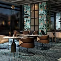 Modern Restaurant Interior With Round Tables Brown Chairs Large Windows And Patterned Walls 3d model