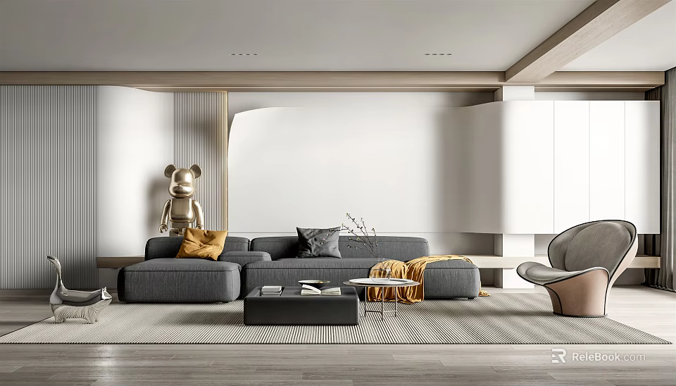Elegant Modern Living Room Interior With Gray Sofa Bear Sculpture And Coffee Table 3d model 