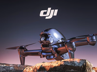 Advanced Smart DJI Drone In Outdoor Rocky Terrain With Sunset Sky 3d model