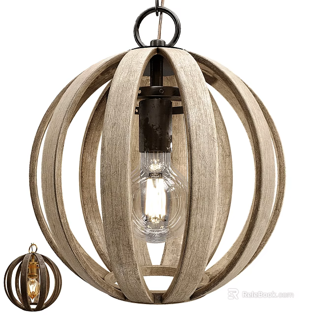 Rustic Wooden Chandelier With Circular Open Frame And Transparent Vintage Bulb For Interior Lighting 3d model 