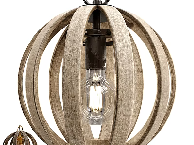 Rustic Wooden Chandelier With Circular Open Frame And Transparent Vintage Bulb For Interior Lighting 3d model