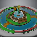 Landscaped Circular Fountain Pool With Bridges Benches And Colored Rings
