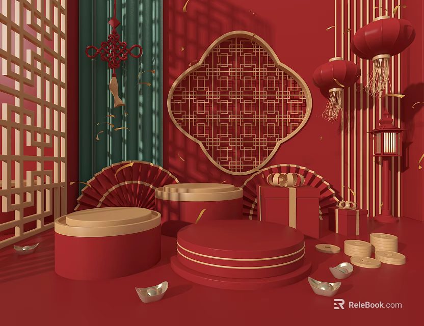 Chinese New Year Themed Display Stand With Red Lanterns Fan Decorations And Gift Boxes 3d model