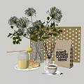 Decorative Ornament Set With Green Plants Vase Honey Jar Bread Coffee Cup And Decorative Board