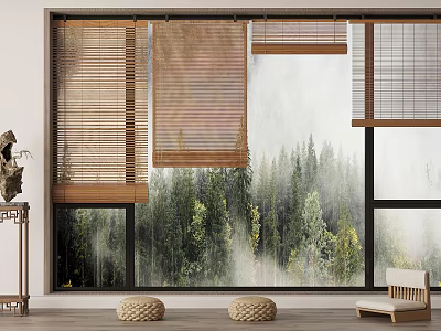 Bamboo Window Blinds Enhancing Natural Style Interior With Green Forest View 3d model