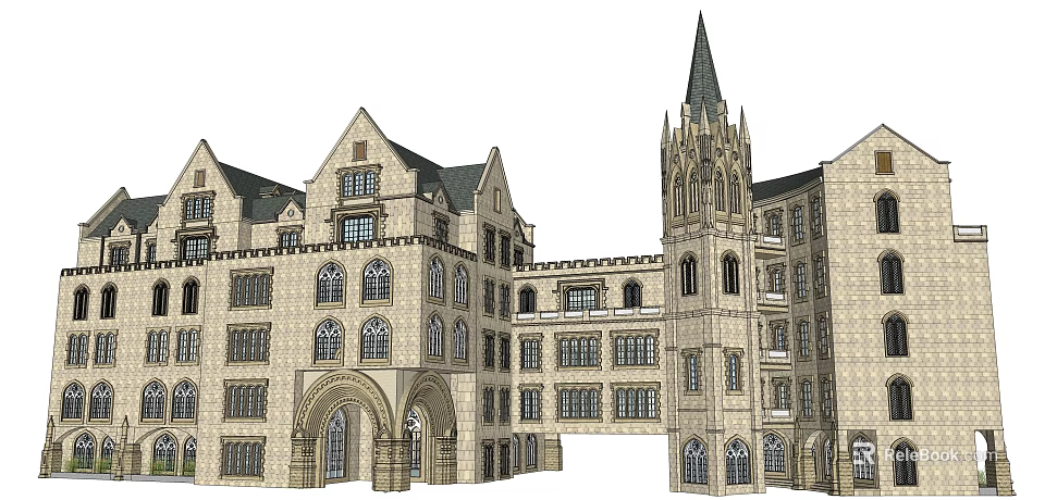 Classic European Architecture With Tall Spire Arched Windows And Stone Exterior Design 3d model 