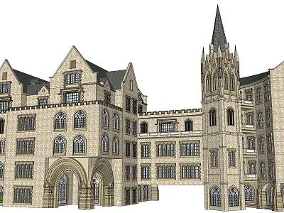 Classic European Architecture With Tall Spire Arched Windows And Stone Exterior Design 3d model